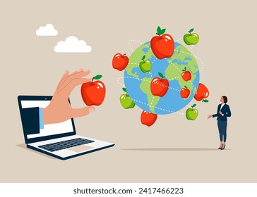 Recoger manzanas de fruta en el mapa del mundo. Crecimiento financiero. Ilustración vectorial plana