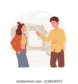 Picking up a girlfriend isolated cartoon vector illustration. Teenage boy picking up his girlfriend from home by car, romantic relationship, couple having fun together vector cartoon.
