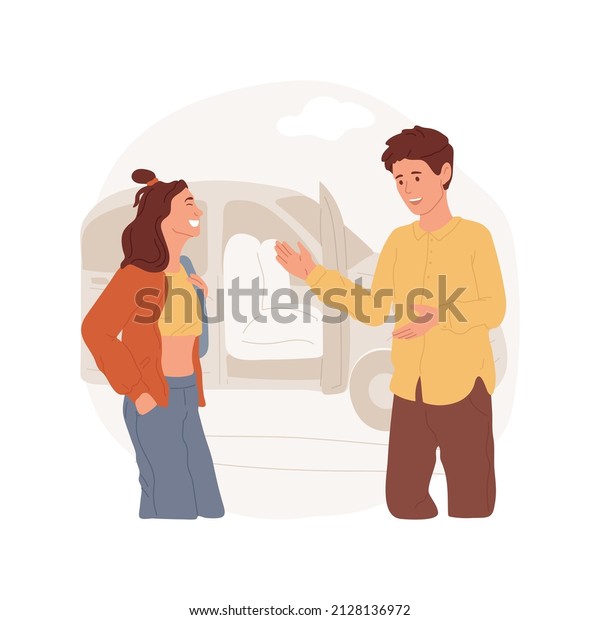 Picking up a\
girlfriend isolated cartoon vector illustration. Teenage boy\
picking up his girlfriend from home by car, romantic relationship,\
couple having fun together vector\
cartoon.