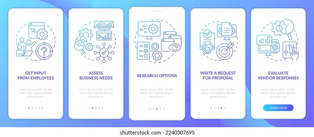 Picking good CMS blue gradient onboarding mobile app screen. Vendor responses walkthrough 5 steps graphic instructions with linear concepts. UI, UX, GUI template. Myriad Pro-Bold, Regular fonts used