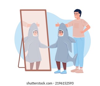 Picando disfraz de halloween 2D vector ilustración aislada. Personajes planos de hijo y padre sobre el fondo de las caricaturas. Preparación de vacaciones colorida escena editable para móviles, sitio web, presentación