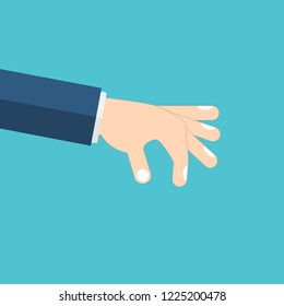 Hand auswählen. Geste mit der Hand eines Mannes im Anzug, Nahaufnahme. Nehmen Sie ein Objekt, ein Thema, ein Element. Heben Sie an. Flaches Design, Vektorgrafik. Nimm etwas.