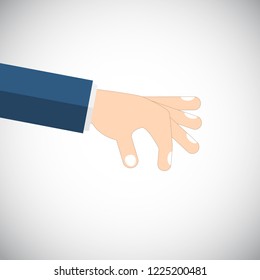 Picking hand. Gesture with a man's hand in a suit close-up. Take an object, subject, element. Lift up. Vector illustration flat design. Pick up something.