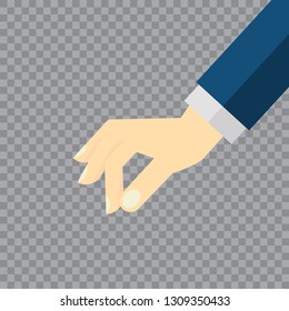 Picking hand. Gesture with a man's hand in a suit close-up. Take an object, subject, element. Lift up. Vector illustration flat design. Pick up something.