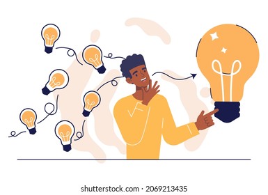 Picking ideas and best option selection concept. Innovative brainstorming and finding right solution for business. Man thinks and develops new growth strategy. Cartoon flat vector illustration