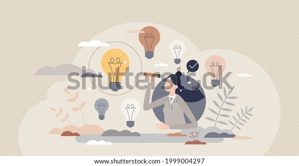 Picking ideas and best option selection as
creative work tiny person concept. Choice after innovative
brainstorming and solution finding in symbolic lightbulb group
vector illustration. Final
decision