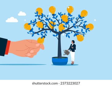 Picking light bulb from money tree. Investment growth and idea. Flat vector illustration
