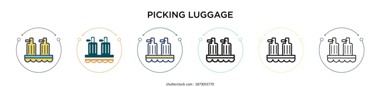 Picking luggage icon in filled, thin line, outline and stroke style. Vector illustration of two colored and black picking luggage vector icons designs can be used for mobile, ui, web