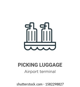 Picking luggage outline vector icon. Thin line black picking luggage icon, flat vector simple element illustration from editable airport terminal concept isolated on white background