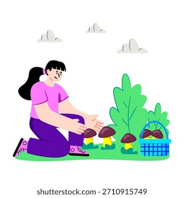 Picking mushrooms illustration, editable vector