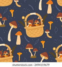 Picking mushrooms seamless pattern. Basket with fungus endless background. Myco adventure repeat ornament tile. Vector hand drawn illustration.