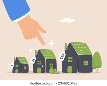 Recogiendo una nueva base en el concepto de presupuesto. Ingresos o estilo de vida. Cálculo de la asequibilidad de la vivienda o la hipoteca, el empresario sabiamente piensa en elegir diferentes casas variantes con precio fijo.