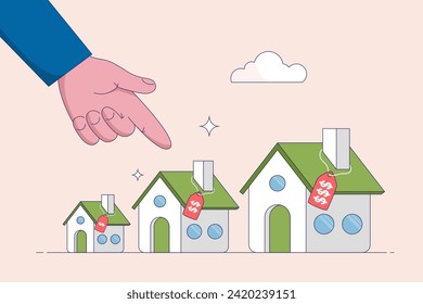 Picking new home base on budget concept. Income or lifestyle. House or mortgage affordability calculation, businessman hand wisely think to picking different variant houses with price tag.