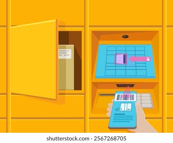 Picking up a package from a package locker with the barcode presented on a smartphone (flat design)