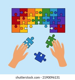 Picking up of puzzle. Kids hands holds and connect elements of jigsaw. Top view of the process. Hand drawn colored vector illustration isolated on blue background. Modern flat cartoon style.