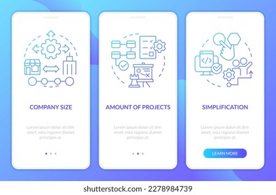 Picking release management tools blue gradient onboarding mobile app screen. Walkthrough 3 steps graphic instructions with linear concepts. UI, UX, GUI template. Myriad Pro-Bold, Regular fonts used