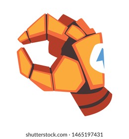 Picking Robot Hand, Orange Mechanical Palm Gesturing, Artificial Intelligence Vector Illustration