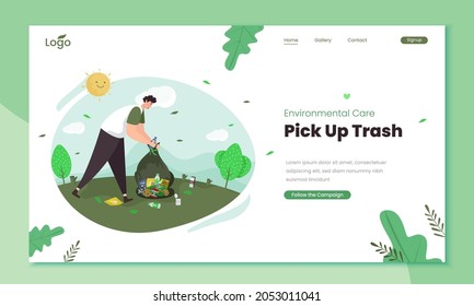 Picking up trash illustration, Environmental care concept on landing page template