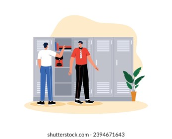 Picking up uniforms at the locker after gym time is over while talking with friends, school vector illustration.