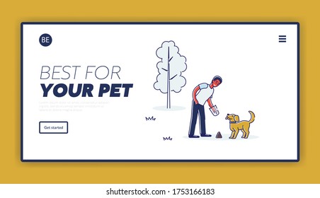 Auswahl von Abfällen nach Haustieren in öffentlichen Plätzen Landing Page Template. Cartoon-Hundebesitzer, der Müll reinigt, während er im Park Welpen geht. Verantwortungsbewusstsein und Betreuungskonzept. Lineare Vektorgrafik