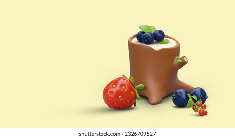 Picking wild berries. Harvest time. 3D stump, blueberry, strawberry, lingonberry in cartoon style. Fresh natural food. Tourist snack. Concept for plant reference books. Advertisement of berry shop