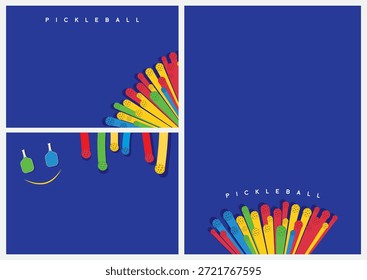 Fundo de bola de Picle em cor azul escuro com elementos de bola de cor brilhante e remos e um rosto sorridente de equipamento de pickleball.