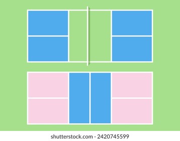 Pickle-Ball-Plätze. Draufsicht mit Raster und Schatten. Farbige moderne Vektorgrafik.