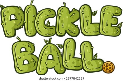 Pickle ball letters and words written in a dill pickle style font with vines and stems and a ball, illustrated vector graphic for flyers, ads or shirts svg