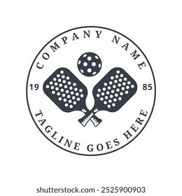 Pickle Ball Logo with Crossed Racket and Ball on Top of Vintage Retro Sports Stamp Design Illustration