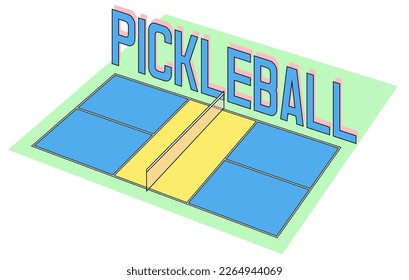 Pickle ball sign and court with linear outline. Vibrant and modern colors. Flat vector illustration.