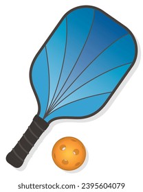 Pickle-Ball-Sport, blaues Paddel und Indoor-Ball einzeln auf weißem Hintergrund mit Schatten