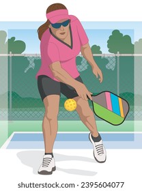 pickle ball sport, female player holding paddle hitting ball with outdoor court in the background