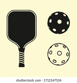 Pickle Ball Sport Ball And Paddle Silhouette Design