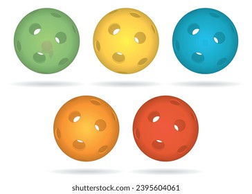 pickle ball sport, set of 5 indoor balls yellow, green, blue, red and orange, isolated on a white background with shadows