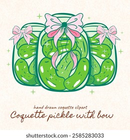 pickle with bow ,Cucumber hand drawn vector set. Isolated cucumber, sliced pieces and plant. Vegetable engraved style illustration. Farm market product, Coquette pickle, green zukini, girly clipart