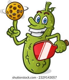 Pickle cartoon with attitude spinning a yellow plastic pickleball on his finger basketball style with a big cheesy grin on his face vector clip art