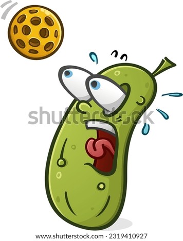 Pickle cartoon character about to get hit by a stray pickleball that was mistakenly smacked into the crowd during a heated match up