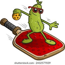 Pickle cartoon character with attitude zooming through the sky in a surfing position on a flying pickleball paddle and holding a yellow ball while wearing sunglasses