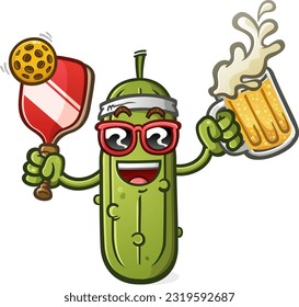 Pickle cartoon character drinking a tall frosty mug of ice cold beer to cool off on a hot day at the pickleball courts after a competitive match