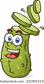 Pickle cartoon character with his head sliced into sandwich style dill pickle slices with a big joyful smile on his face vector illustration