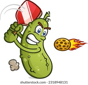 Pickle cartoon character taking a hard swing at a flaming hot speeding pickleball with an intense look and competitive rage