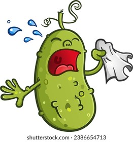 Pickle Cartoon Character weeping and sobbing into a tissue with tears streaming out of his eyes while throwing a fit