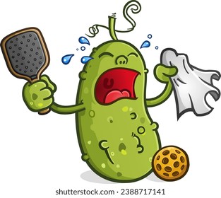 Pickle Cartoon Character weeping and sobbing into a tissue with tears streaming out of his eyes while throwing a fit after losing a pickleball game