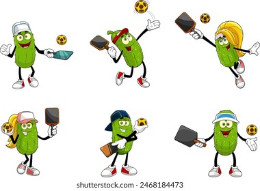 Personajes De Dibujos Animados De Pepinillo Jugando Pickleball. Vector Dibujado A Mano Conjunto De Colección Aislado Sobre Fondo Transparente