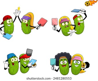 Pickle Cartoon Characters Playing Pickleball. Vector Hand Drawn Collection Set Isolated On Transparent Background