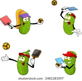 Pickle Cartoon Characters Playing Pickleball. Vector Hand Drawn Collection Set Isolated On Transparent Background