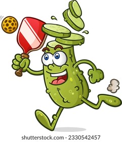 Pickle cartoon with chopped head and slices falling off jogging toward a stray pickleball on the court during an exciting match vector clip art