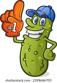 Pickle cartoon chracter sports fan wearing a blue baseball cap and holding a giant foam finger with the number one and cheering for the home team at the big game vector clip art