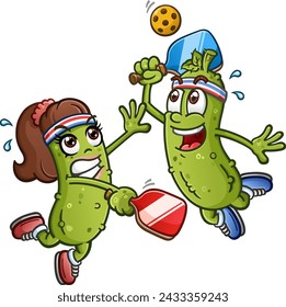 Pickle cartoon couple participating in an intense pickleball match on the court and leaping into the air and wearing sweat bands and sneakers