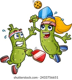 Pickle cartoon couple participating in an intense pickleball match on the court and leaping into the air and wearing sweat bands and sneakers